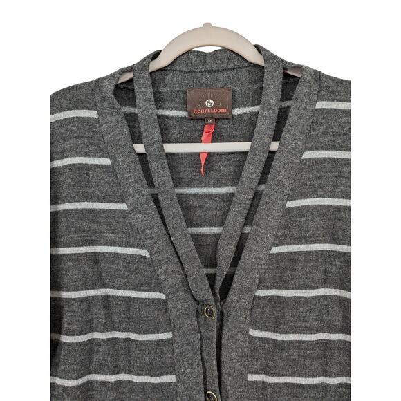 Heartloom Button Cardigan M Gray White Striped Boyfriend Ribbed Cutout Everyday - Picture 2 of 9